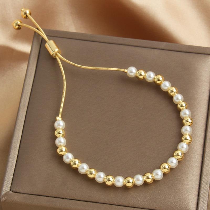 Pearl Stacked Bracelet, 18k Gold Plated, Pull-through Adjustable Bangle, Fashionable and Exquisite Jewelry