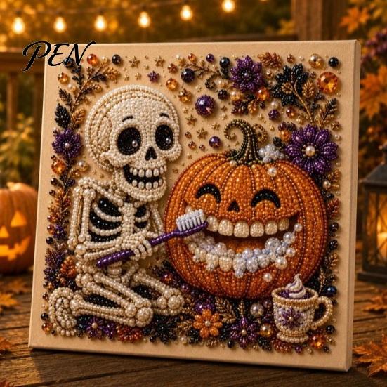 Sparkling Faux Pearl Craft Set Halloween Art Kit, Cute Ghost Skeleton Painting 3d Mosaic for Adults DIY 3D Kit Adults, Fall Home Decor Cozy
