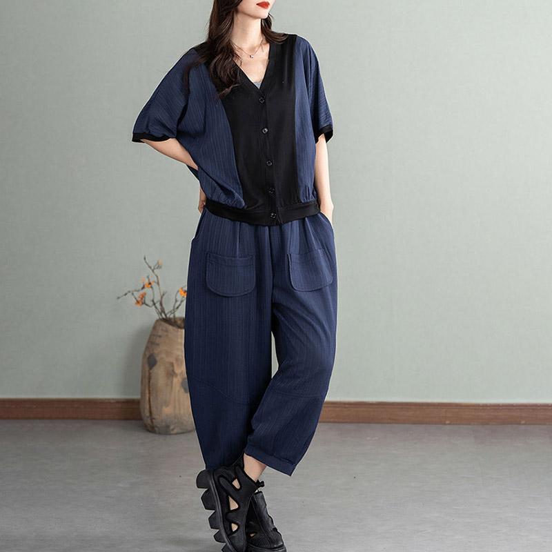 

Женский летний костюм из 2 предметов, футболка оверсайз, брюки, удобный комплект из двух предметов с коротким рукавом и длинными брюками, свободный повседневный костюм M синий