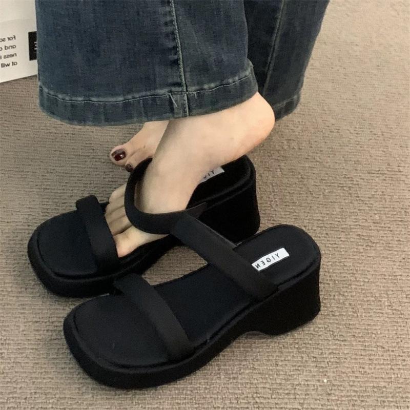 Slippers women's summer 2025 new French one-word strap square head thick heel high heels fashion wear open-toed sandals