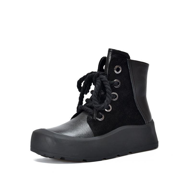 Johnature Retro Genuine Leather Short Boots Lace Up Thick Sole Plush Warm Cotton Boots Women's Shoes