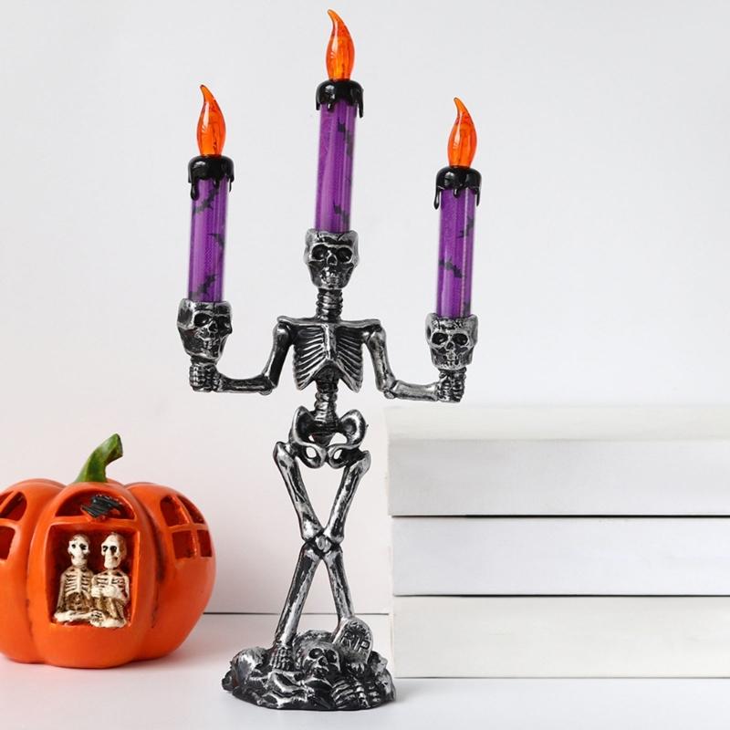 Skull Candelabra Halloween Decoration Skeleton Candlestick with Flameless Candle LED Light for Mantels Tabletop Porch