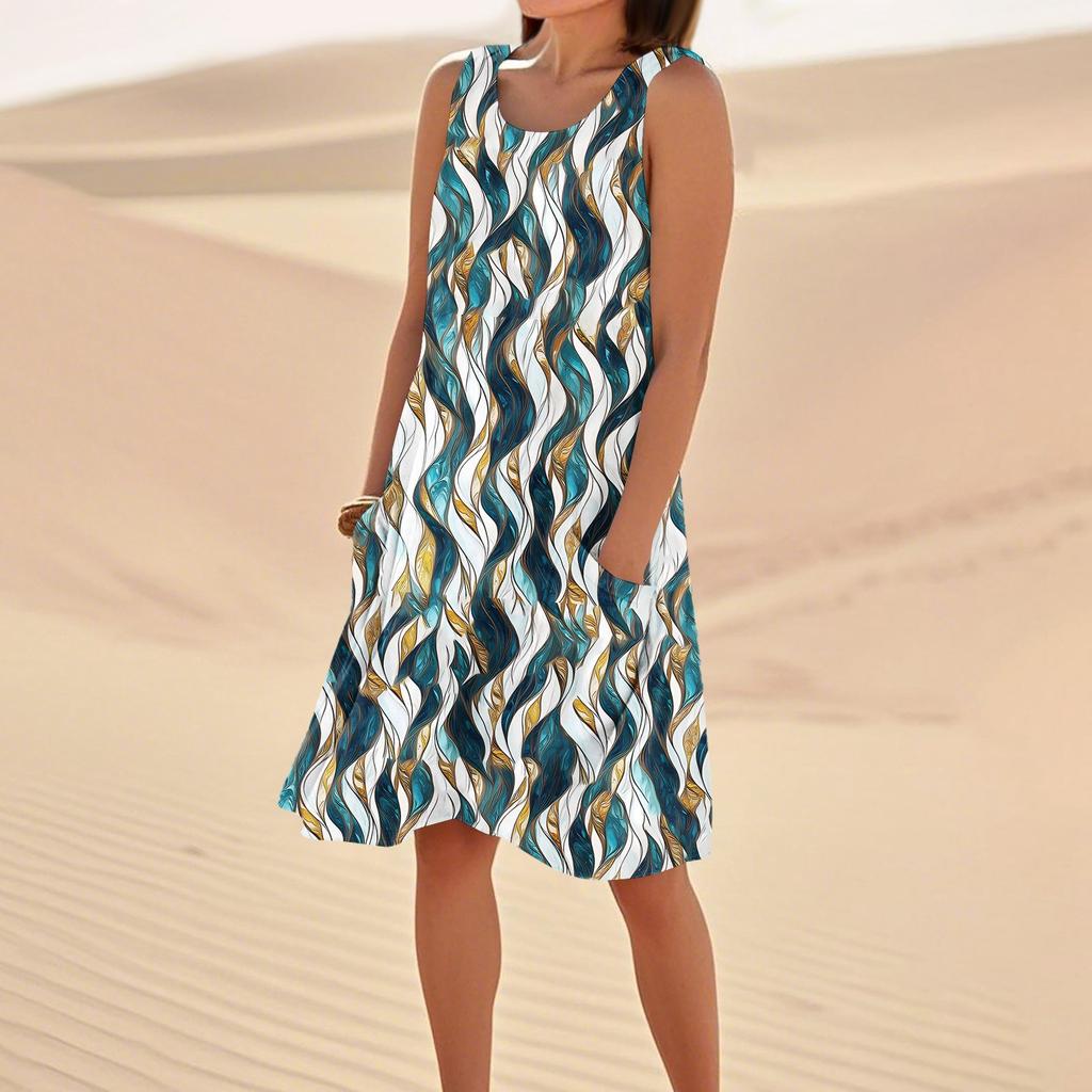 Print Dresses For Women Loose Beach Vacation Casual Sleeveless Sundresses With Pockets Tank Dress