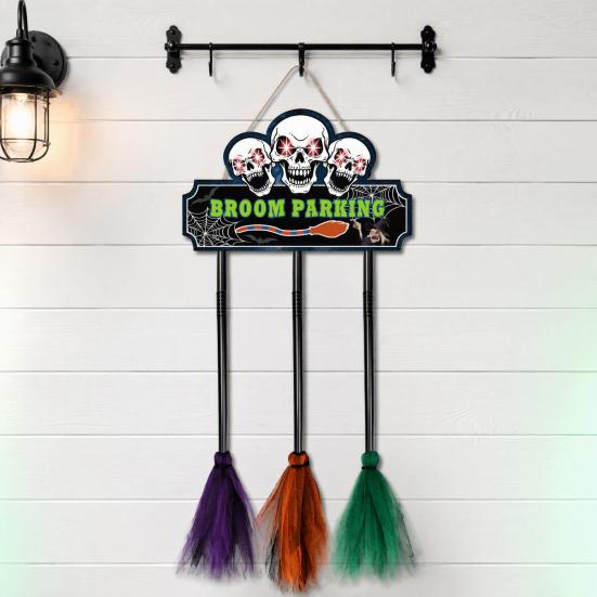 Hanging Broomstick Holiday Ornaments Halloween Broom Parking Sign with 3 Witch Brooms, Hocus Pocus Themed Wooden Sign, Yard And Porch