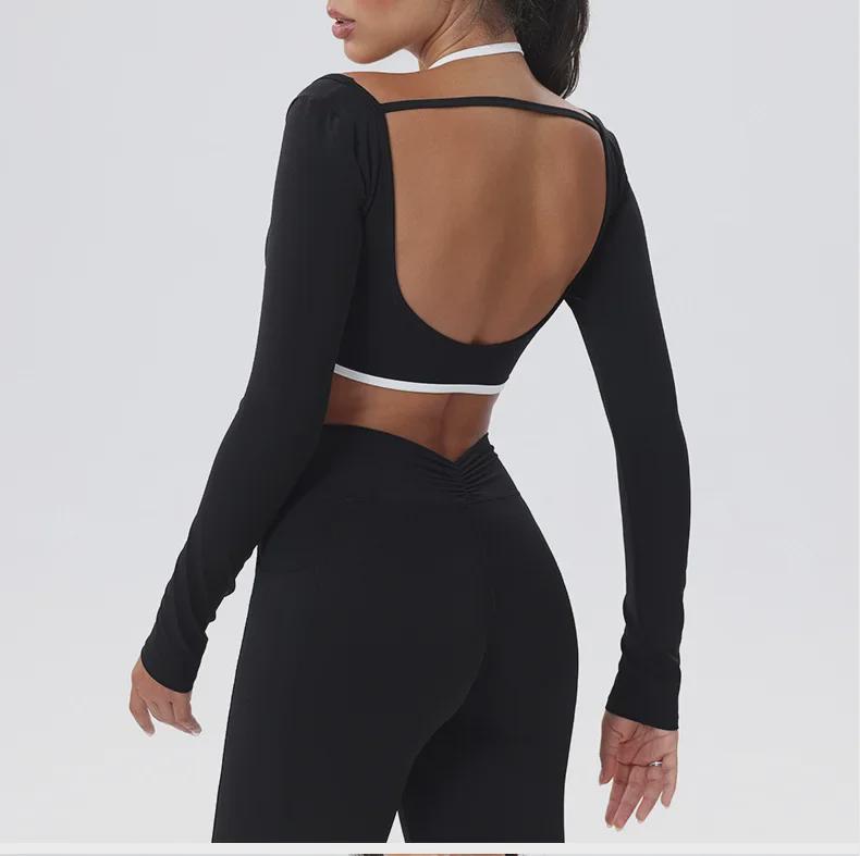 European-American Contrast Long-Sleeve Quick-Dry Yoga Top with Beautiful Back and Built-in Bra