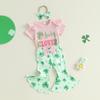 Baby Girls Irish Clothes Short Sleeve Letter Print Romper with Shamrock Print Flare Pants and Headband
