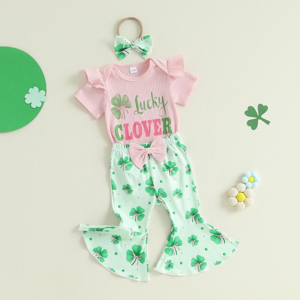Baby Girls Irish Clothes Short Sleeve Letter Print Romper with Shamrock Print Flare Pants and Headband