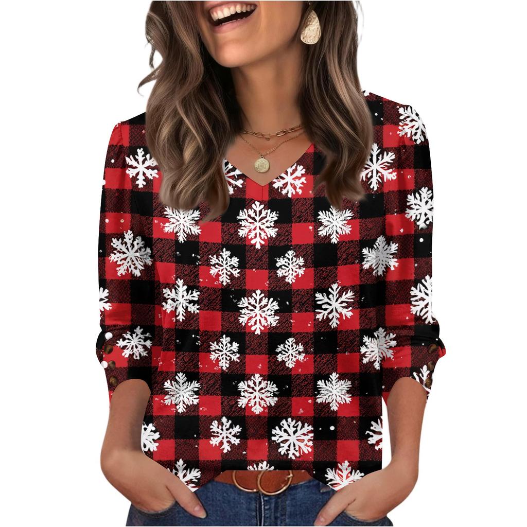 Women's Fashionable Casual Christmas Printed V-neck Top