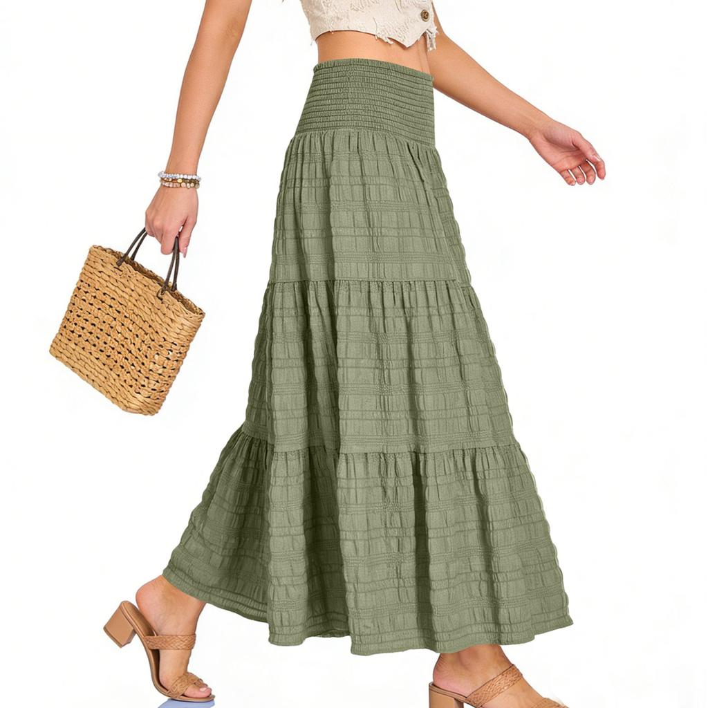 Womens Maxi Skirt Summer Boho Flowy Tiered Casual Elastic High Waisted Swing A-line Long Skirts With Pockets