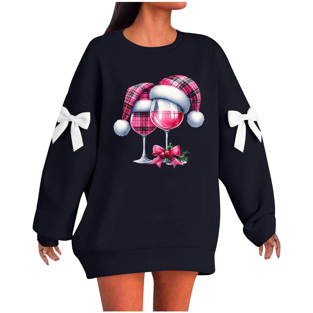 Ladies' Christmas Printed Bow Round Neck Long Sleeved Loose Pullover Sweater Sweatshirt Top