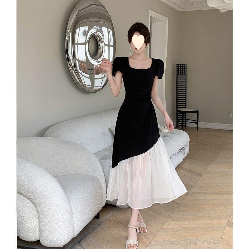 Large size short-sleeved dress for women's summer waist and thin splicing long dress, slightly contrasting skirt