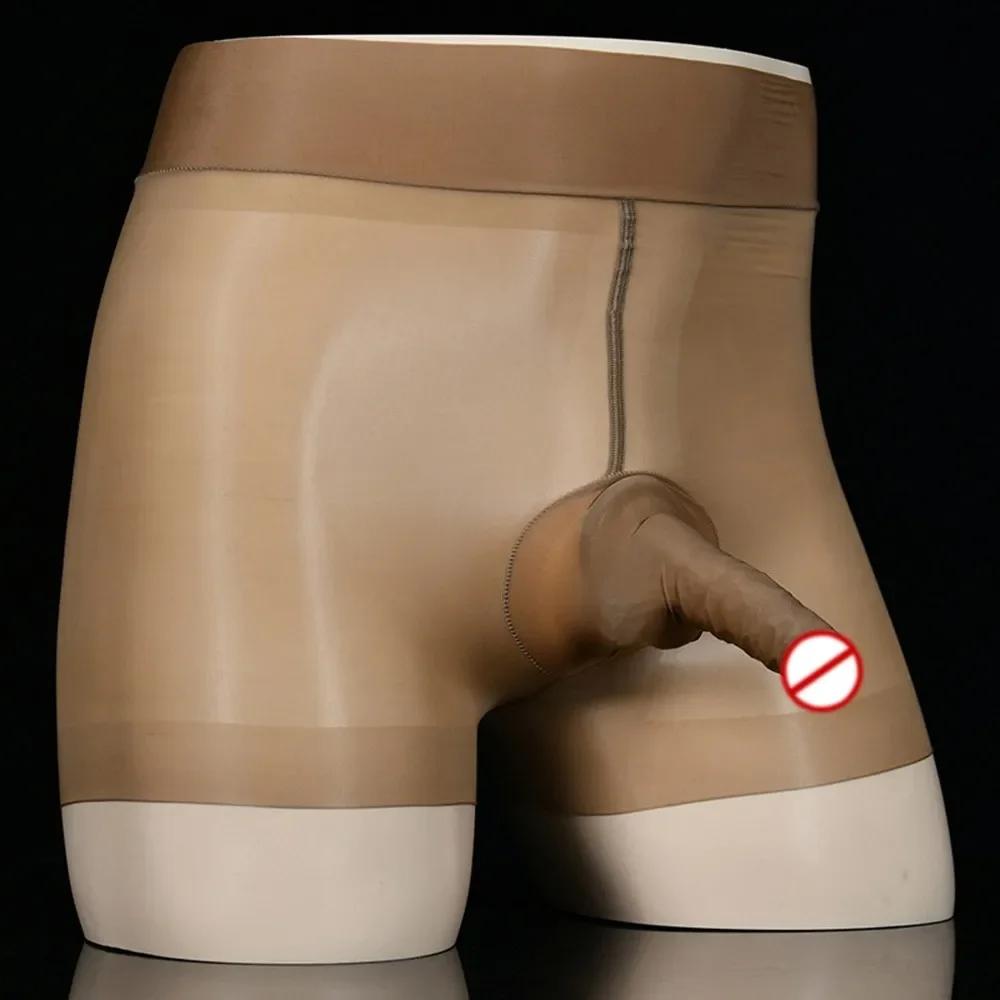 Oil Shiny Glossy Sheath JJ Open/ Close Boxer Brief Men See Through Underwear Long Penis Pouch Short Gay Elephant Bulge Panties