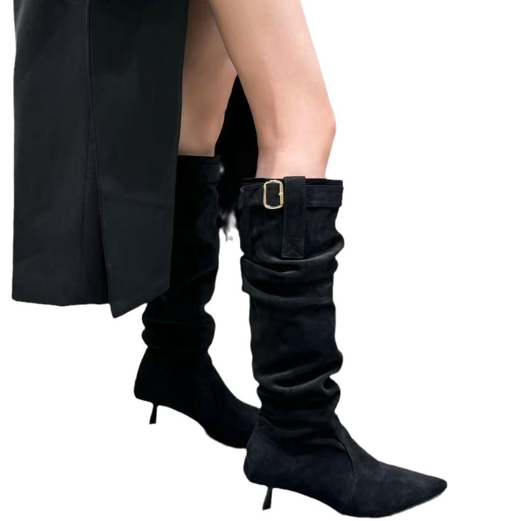 Autumn and Winter Piled Boots, Thin Boots, Pointed Toes, Thin Heels, Thin High Heels, Small Men But Knee Boots, Women