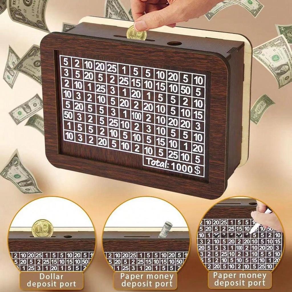 Wiederverwendbare Sparbox aus Holz - 1000/3000/5000/10000 Euro Challenge, Kinder-Bargeldaufbewahrung