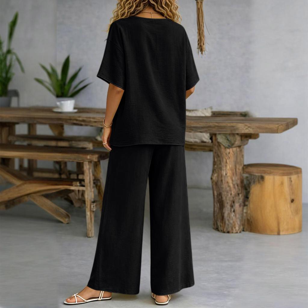 Women's Two Piece Casual Lounge Set Short Sleeve Loose Top Wide Leg Pants Lightweight Soft Fabric Comfortable Fit Summer Outfit