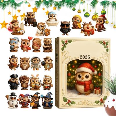 Christmas Countdown Calendar 2D Acrylic Owl Animal Theme Ornament 24 Days Owl Ornament Countdown Calendar for Kids Xmas Gifts