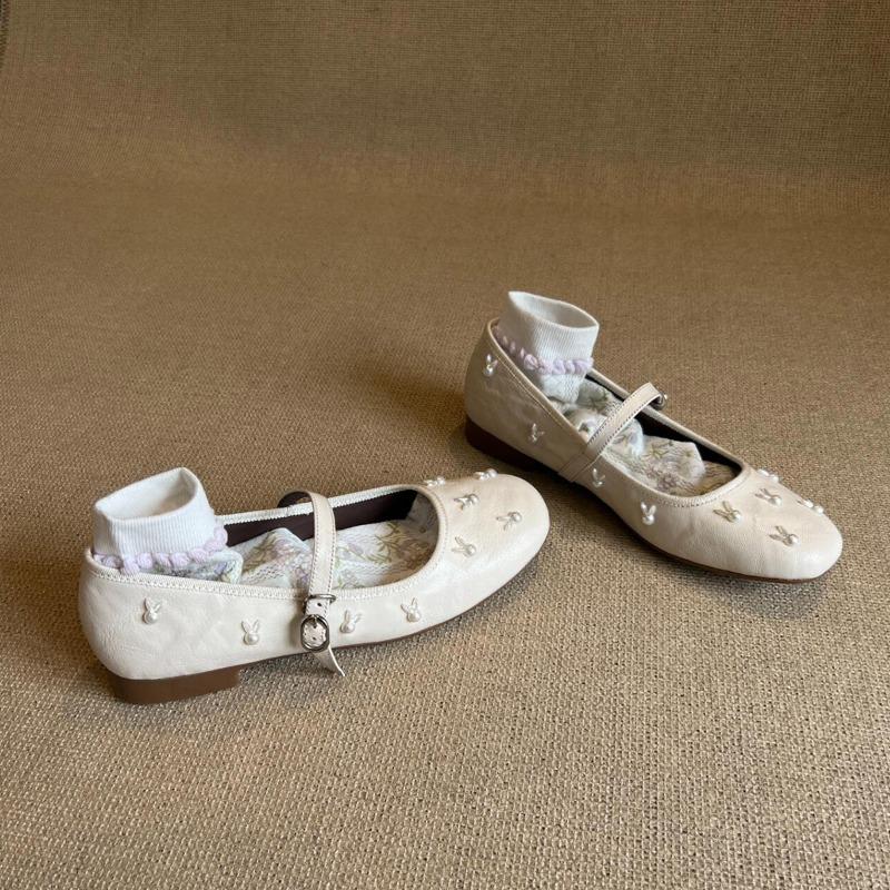 Sheepskin version~ Pearl rabbit word with Mary Jane shoes women's retro shallow mouth leather flat shoes