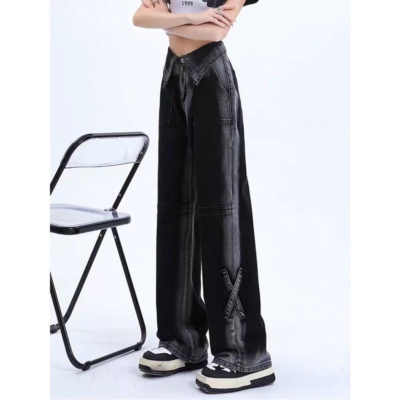 

Джинсы больших размеров в американском ретро стиле с отворотами и прямыми штанинами - Осенние стройнящие брюки широкие от бедра для женщин S