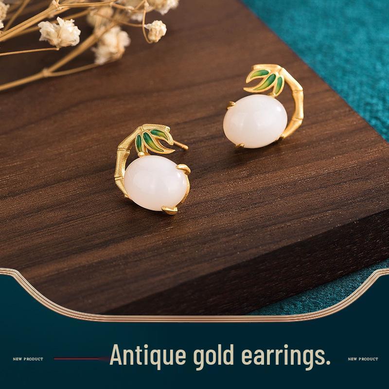 

Bamboo Leaf Gold-Plated Jade-Style Retro Stud Earrings 24K Gold Plating