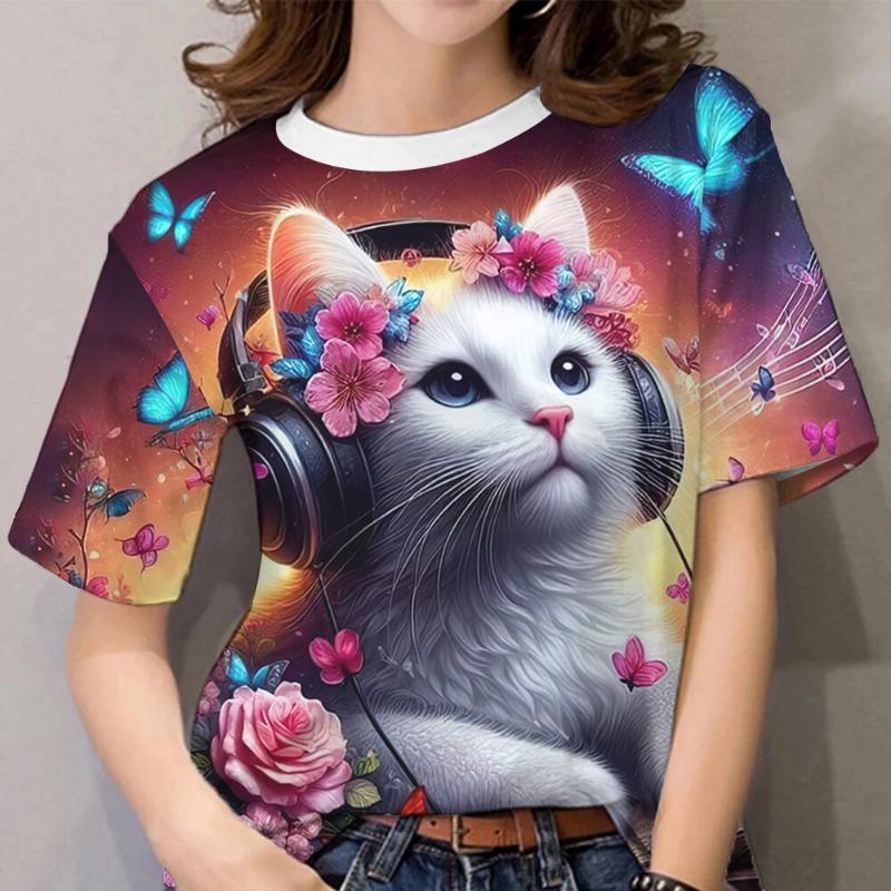 For Women 3d Cat Pattern Shirt, Daily Classic Short Sleeved Round Neck Women's Clothing Fashion T-shirt