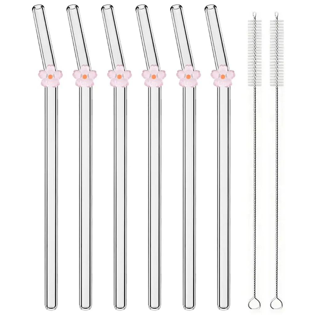 6pcs Flower Drinking Straw Set High Borosilicate Glass Bent Straws Set with Brush Milk Shake Coffee Cocktail Straw Bar Drinkware