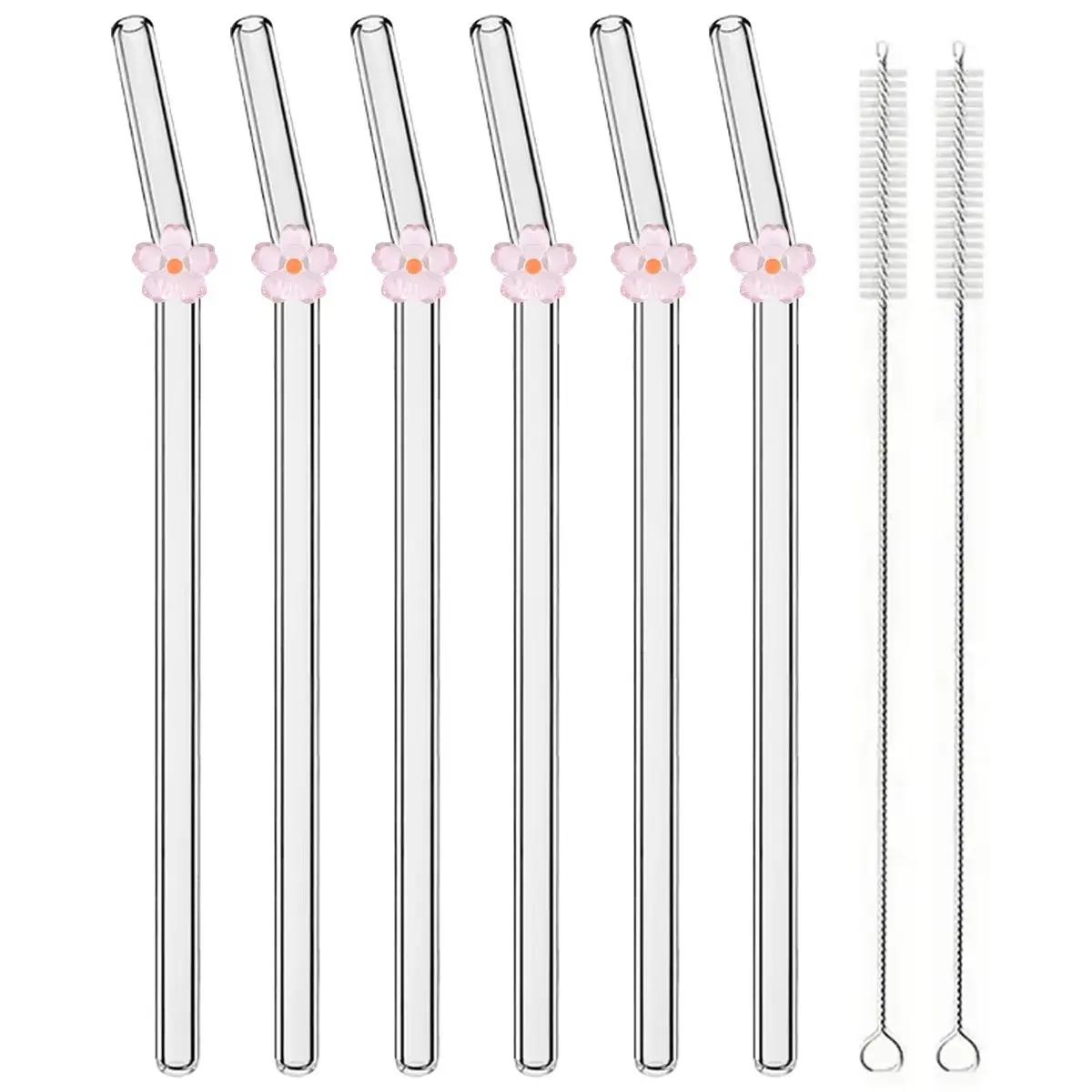 

6pcs Flower Drinking Straw Set High Borosilicate Glass Bent Straws Set with Brush Milk Shake Coffee Cocktail Straw Bar Drinkware