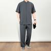 2Pcs/Set Men Suit Stand Collar Short Sleeve Single Breasted Shirt Elastic Waist Long Pants Set Solid Color Loose Fit Leisure Outfit