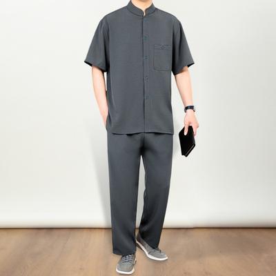 2Pcs/Set Men Suit Stand Collar Short Sleeve Single Breasted Shirt Elastic Waist Long Pants Set Solid Color Loose Fit Leisure Outfit