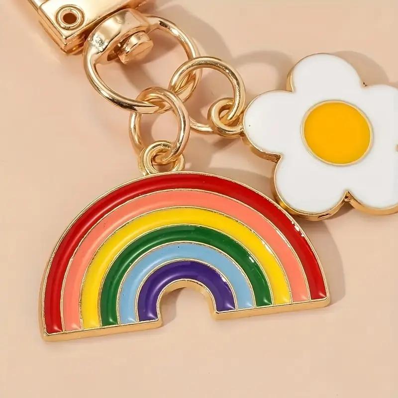 Vibrant Golden-Tone 1pc Rainbow Heart Pendant Keychain | Colorful Striped Rainbow & White Daisy Design for Phones, Cars, and Backpacks