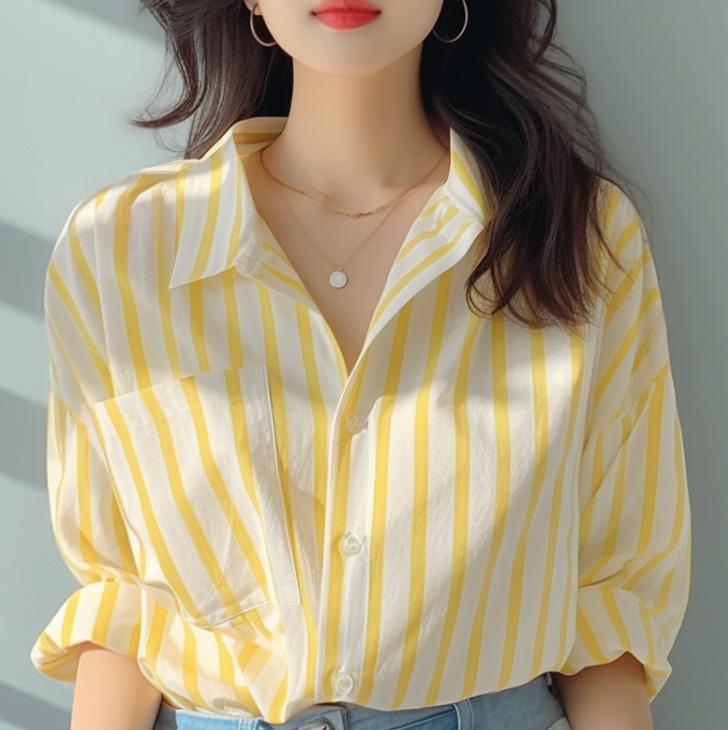 

Жіноча сорочка в біло-жовту смужку - Модний пляжний топ із захистом від сонця, європейський стиль, весна 2024 XL