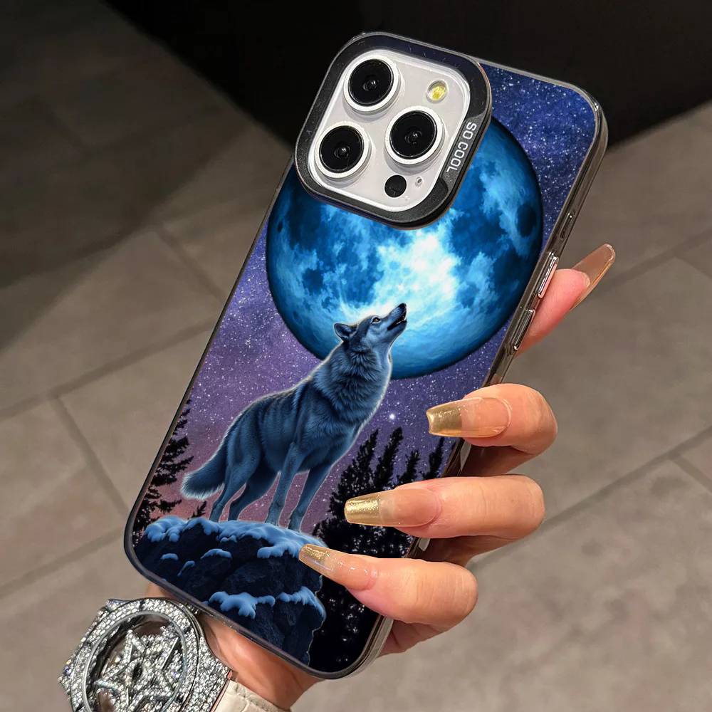 A Wolf Howling To the Sky Phone Case For iPhone 17,16,15,14,13,12,11 Plus,Pro Max,XS,Colorful Silver Phone Case Funda Cover