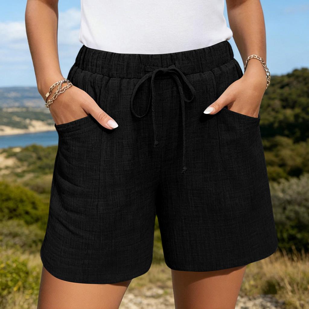 Women's Casual Linen Shorts Elastic Waisted Drawstring Summer Shorts With Pockets