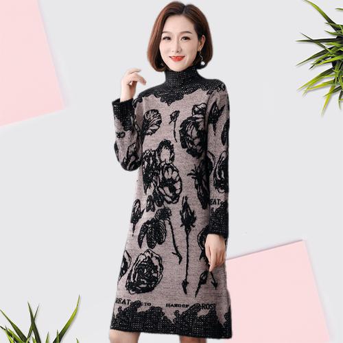 Women's Plus-size Sweater Dress Autumn Winter Fleece Mid-length Straight Knitted Dress Printed Flocking High-neck Skin-friendly Knitted Dress