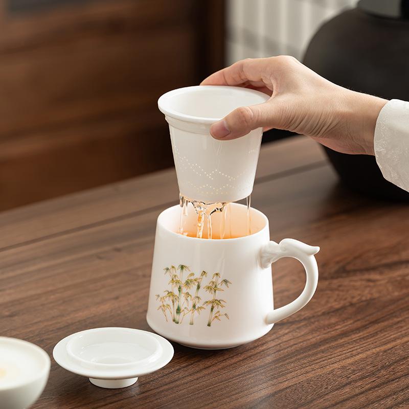 Chinese Gold Silk Dehua White Porcelain Mug Ceramic Large Capacity Office Cup with Lid Tea Separation Cup