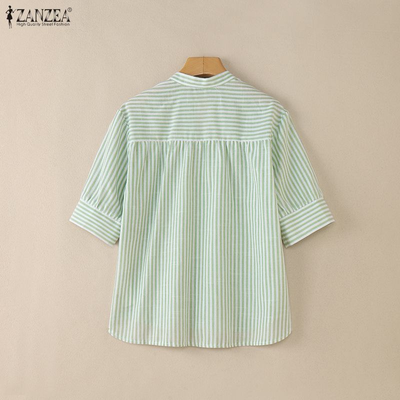 ZANZEA Women Casual V-Neck Half Sleeve Loose Stripe Blouse