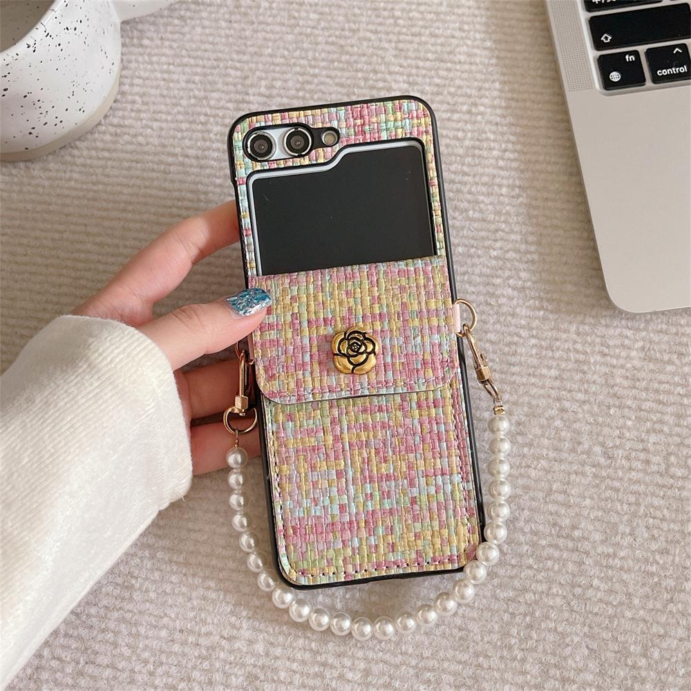 

Роскошный плетеный текстурный чехол для телефона из ПУ кожи с держателем для карт и ремешком на запястье для Samsung Galaxy Z Flip 6 5 4 3 Flip6 Flip5 Flip4 Flip3 5G Galaxy Z Flip 6