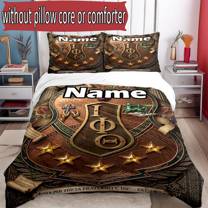 3pcs Duvet Cover Set (1*Duvet Cover + 2*Pillowcase, Without Core), Custom Name Iota Phi Theta Pattern Bedding Set, Home Bedroom Decor Gift