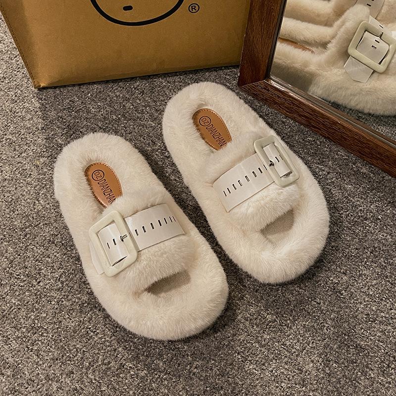 Premium Thick-bottomed Fluffy Slippers for Women To Wear In Autumn and Winter 2025 New French Lazy Korean One-word Cotton Slippers