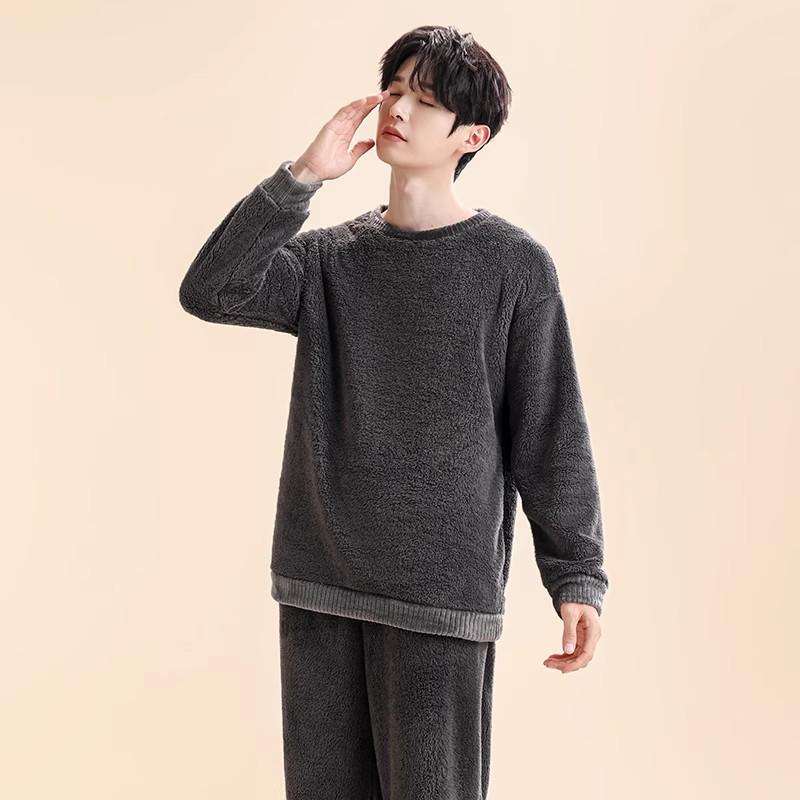 

Men s Thickened Fleece Pajama Set - Button Cardigan & Flannel Lining, Wear Indoors or Outside L