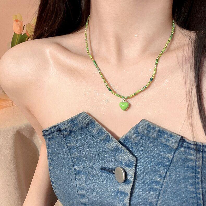 Color Beaded Love Necklace Women'S Summer Small Fresh And Sweet Temperament Collarbone Chain Accessories