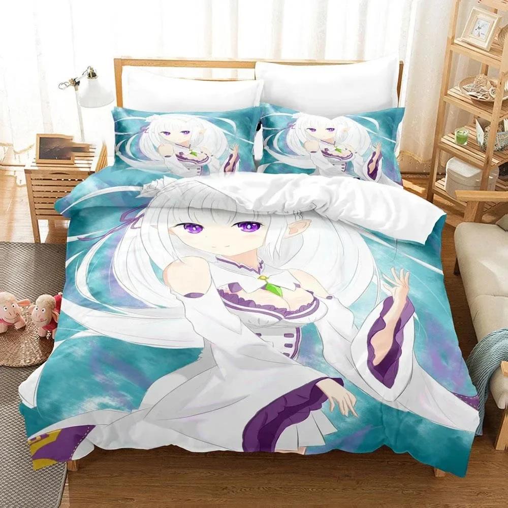 3D Print Anime  Re Zero Rem Ram Emilia Comfortable Duvet Quilt Cover Pillowcase Bedding Set Bedroom Decoration Home Textile