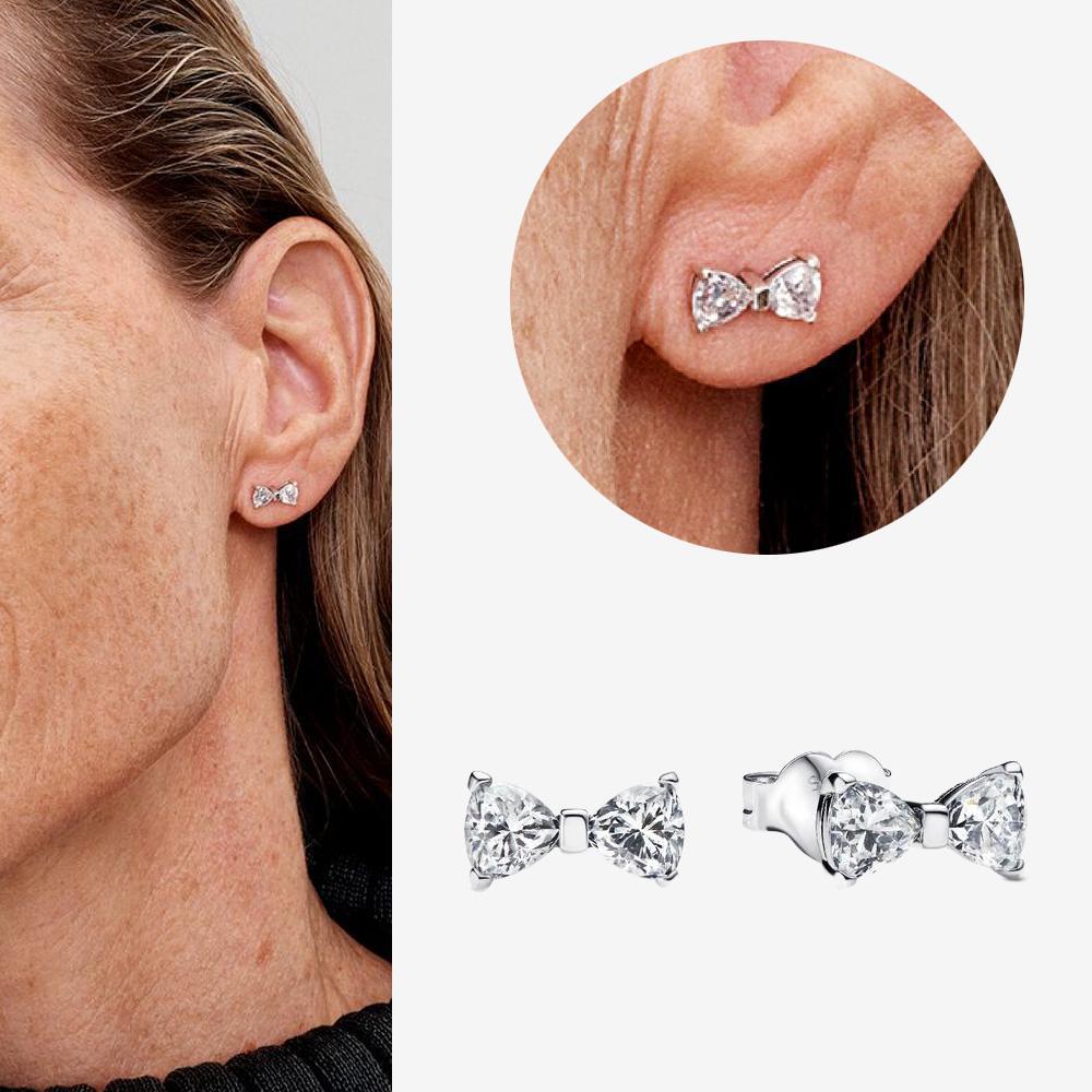 Authentic 925 Silver Cherry Blossom Bow Heart Hoop Stud Drop Earrings plata de ley Jewelry DIY Birthday Gift Original