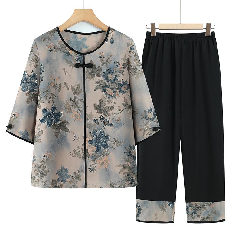 

Grandma s Summer Two-Piece Set: Thin Seven-Sleeve T-Shirt for Middle-Aged and Elderly Moms 3XL fits 120-135 jin