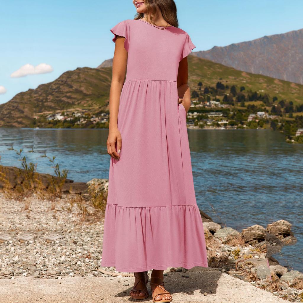 Damen Sommer Freizeitkleider Kurzarm Rundhalsausschnitt Locker Fließendes Strandkleid Mit Taschen