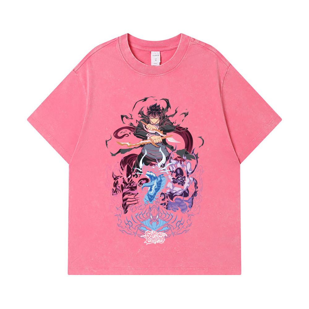 275 GSM Washed T-shirts 100% Cotton Solo Leveling V15 Print Unisex Heavy Cotton T Shirt