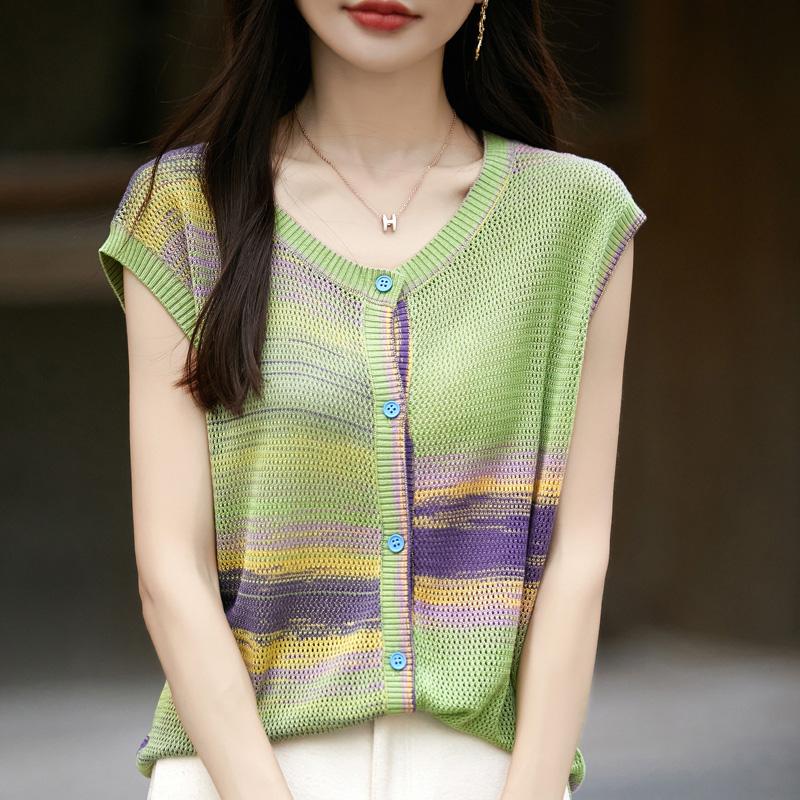 Women's wool sleeveless cardigan Qinghe cashmere 50% silk 50% wool spring and summer wool short sleeve sleeveless vest soft and comfortable