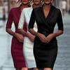 European American Temperament Commuting Long-sleeved Suit Collar Waist Solid Color Long Dress Women
