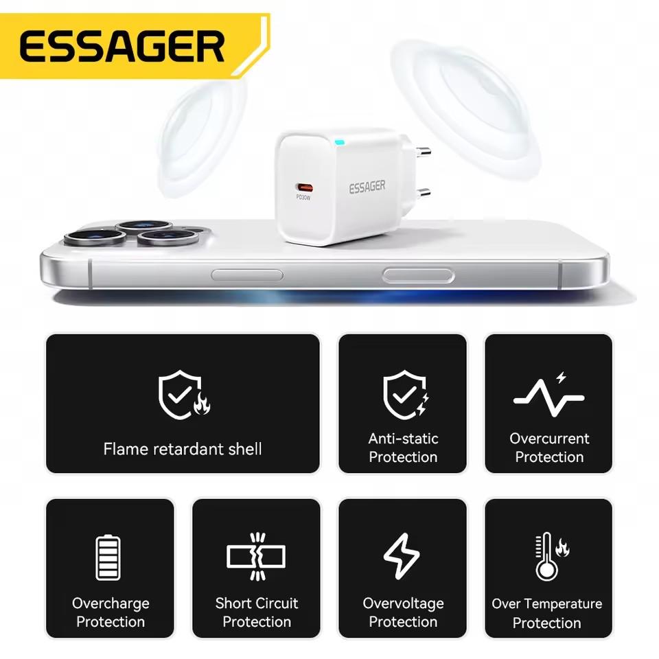 Essager Mini 30W Type C Charger PD QC3.0 Fast Type C Charger For iPhone 16 15 14 13 Pro Samsung S25 Xiaomi iPad Travel Adapter