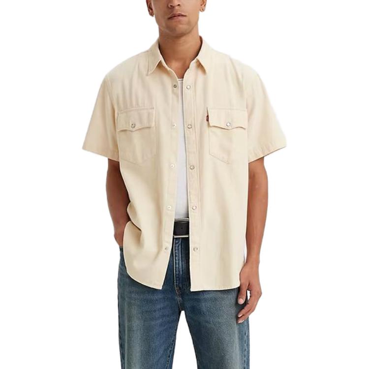 Levis Solid Color Square Neck Button Pocket Short Sleeve Shirt Men shirts Off-White A5722-0004