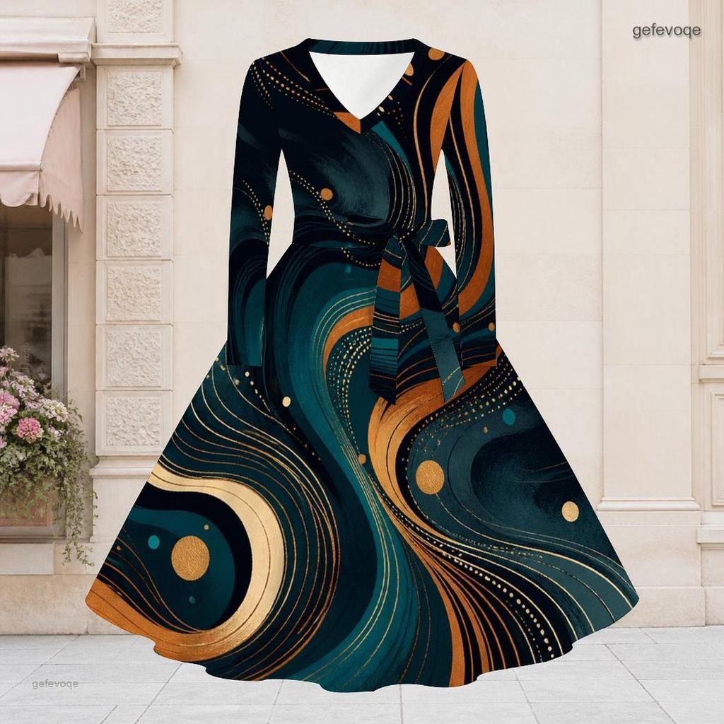 Women Plus Size V Neck Long Sleeve Teal Brown Printed A Line Flared Dress With Belt